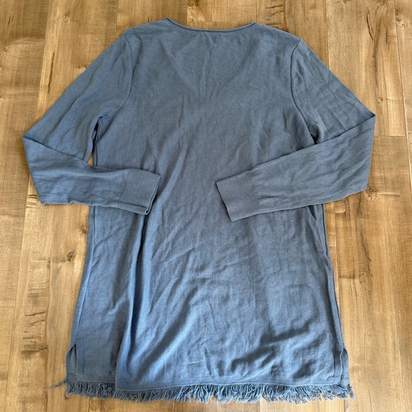 J Jill Tunic Sweater Top Women Medium Fringe V-Neck Blue Fall Winter - Picture 4 of 7
